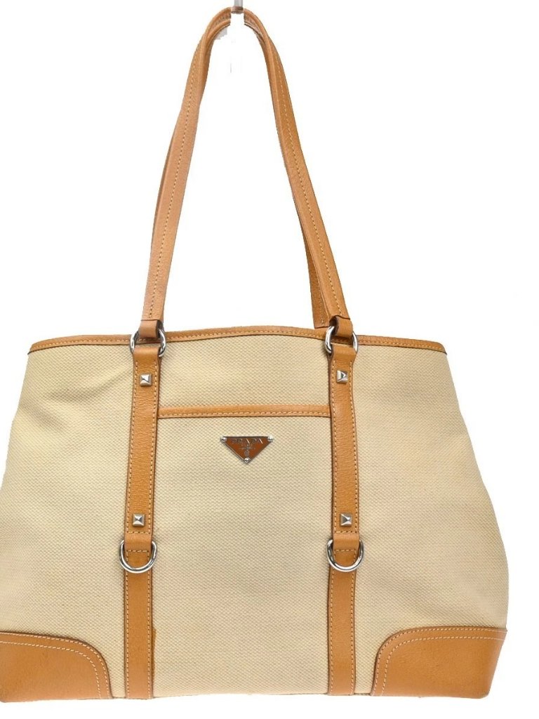 Prada Logo Shoulder Tote Hand Bag Canvas Leather Beige Orange Shw Italy